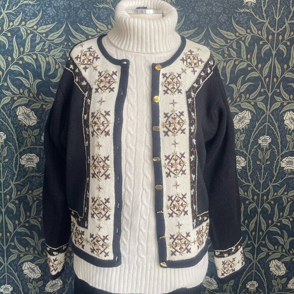 Dress Barn Sweaters - Vintage Grandma Chic Cardigan Black & White Beaded Cotton Ramie Button Up
